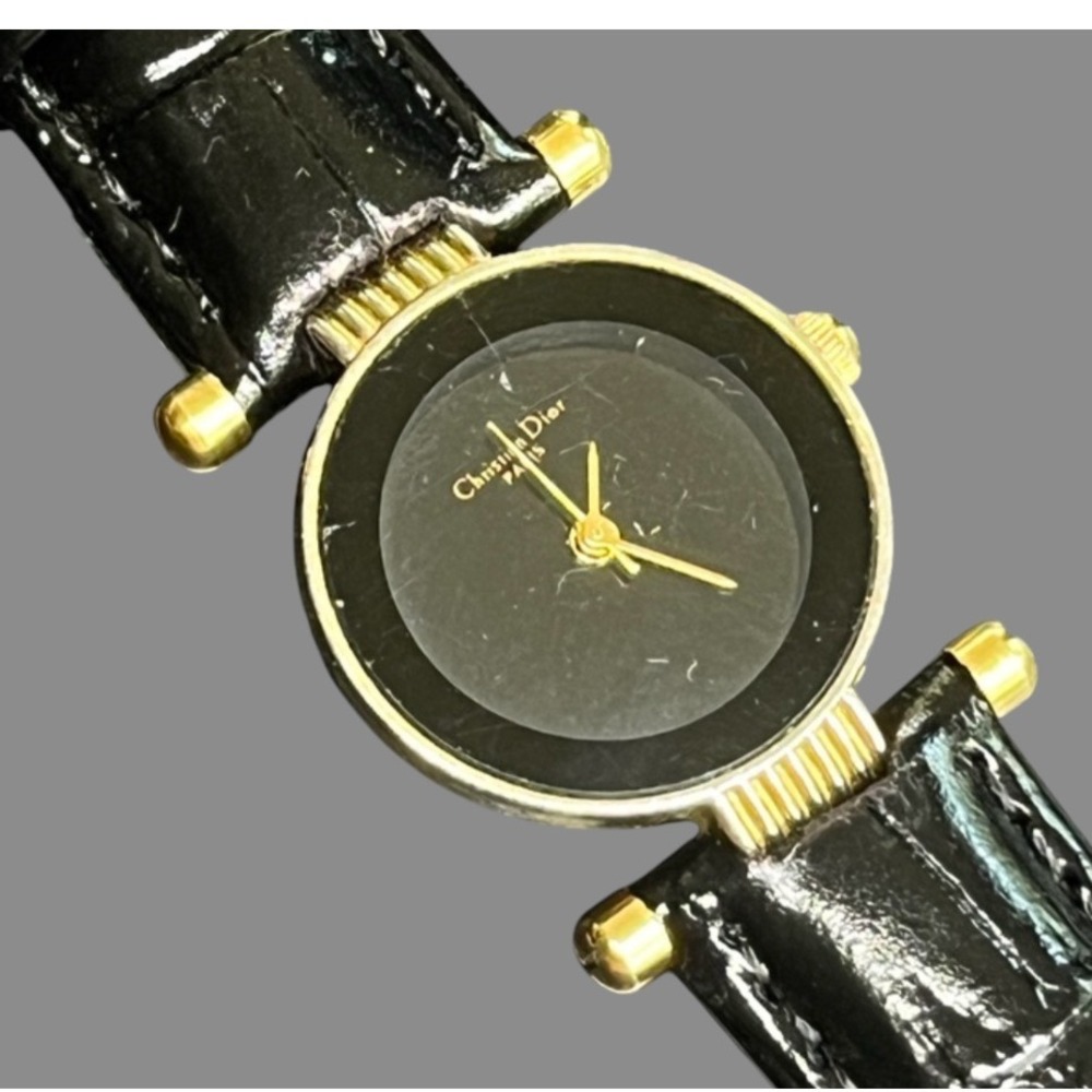 Vintage CHRISTIAN DIOR PARIS Black Moon Wrist Watch Leather Band Runs Well Gold